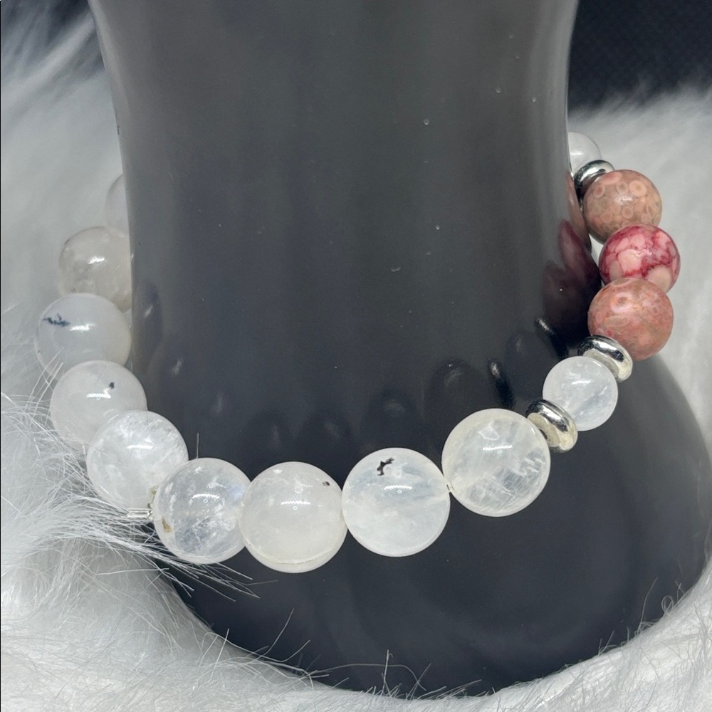 Red Coral Fossil and Rainbow Moonstone Stretch Bracelet - Picture 4 of 5